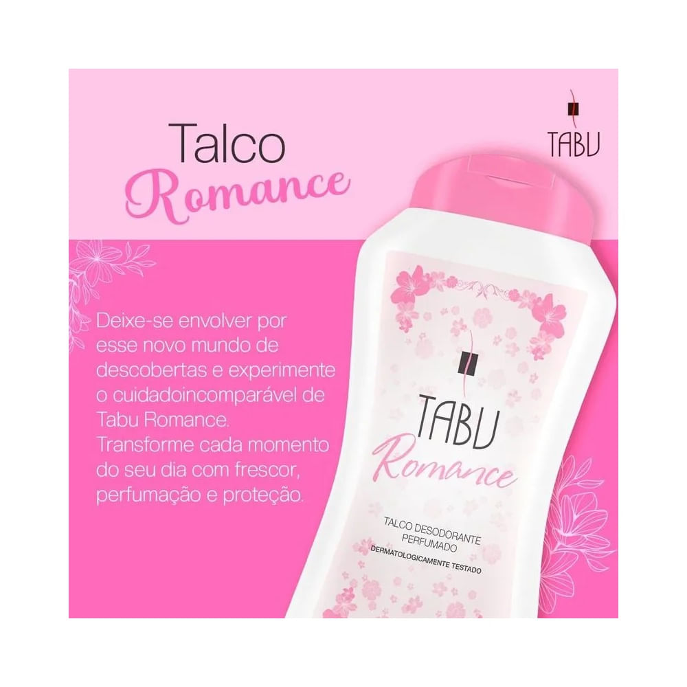 Talco Tabu Romance 100g em embalagem branca com tampa rosa sobre fundo rosa